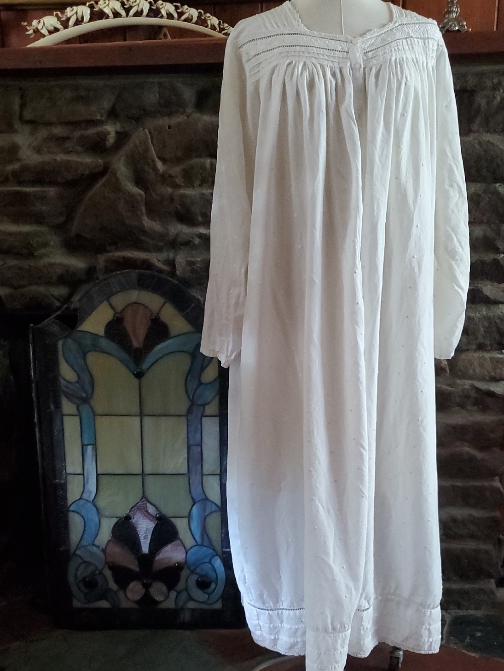 ERIKA TAYLOR Long Robe Nightgown WHITE COTTON Eyelet Crochet Prairie Cottage XL